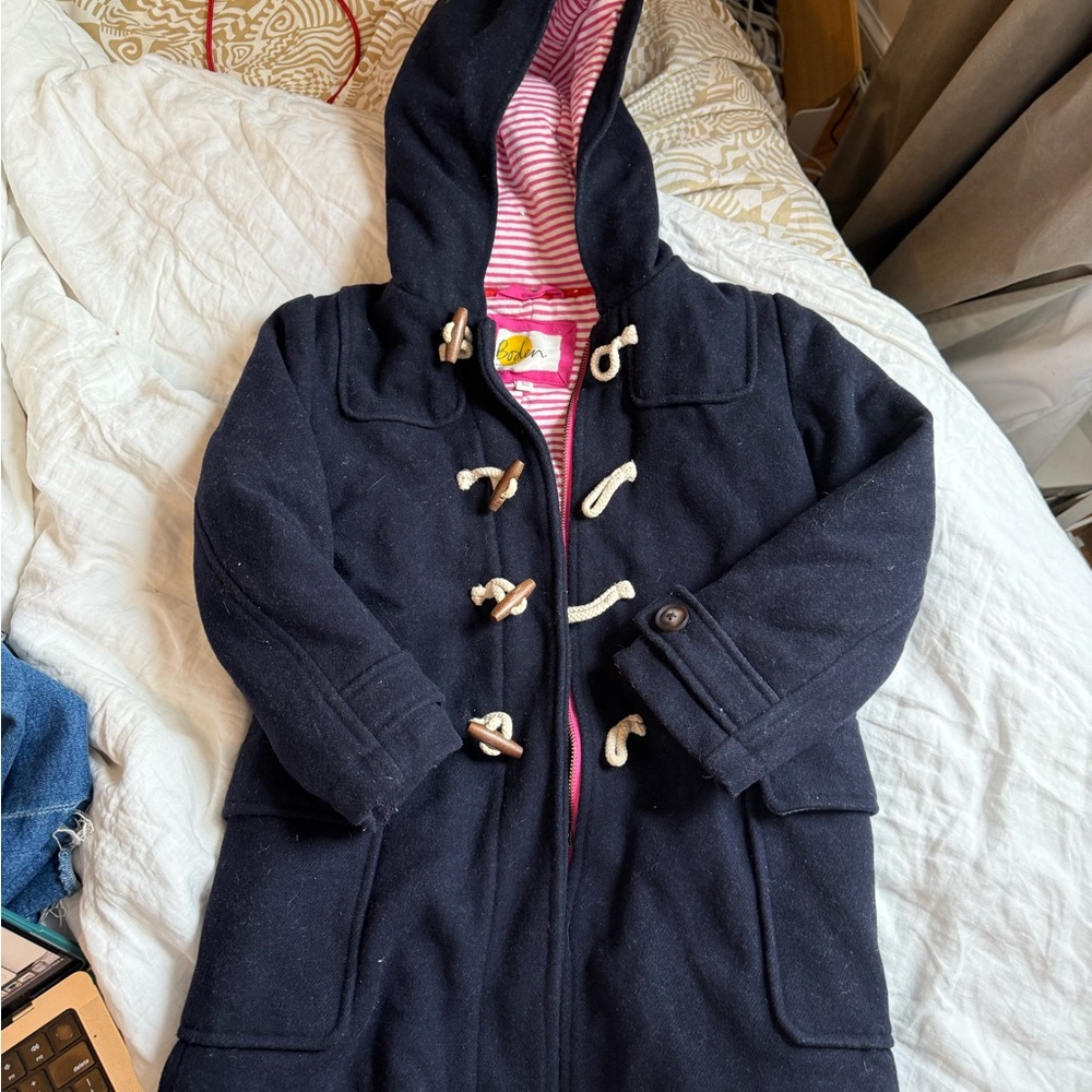 Boden Navy Kids Pea Coat with Pink Striped Lining